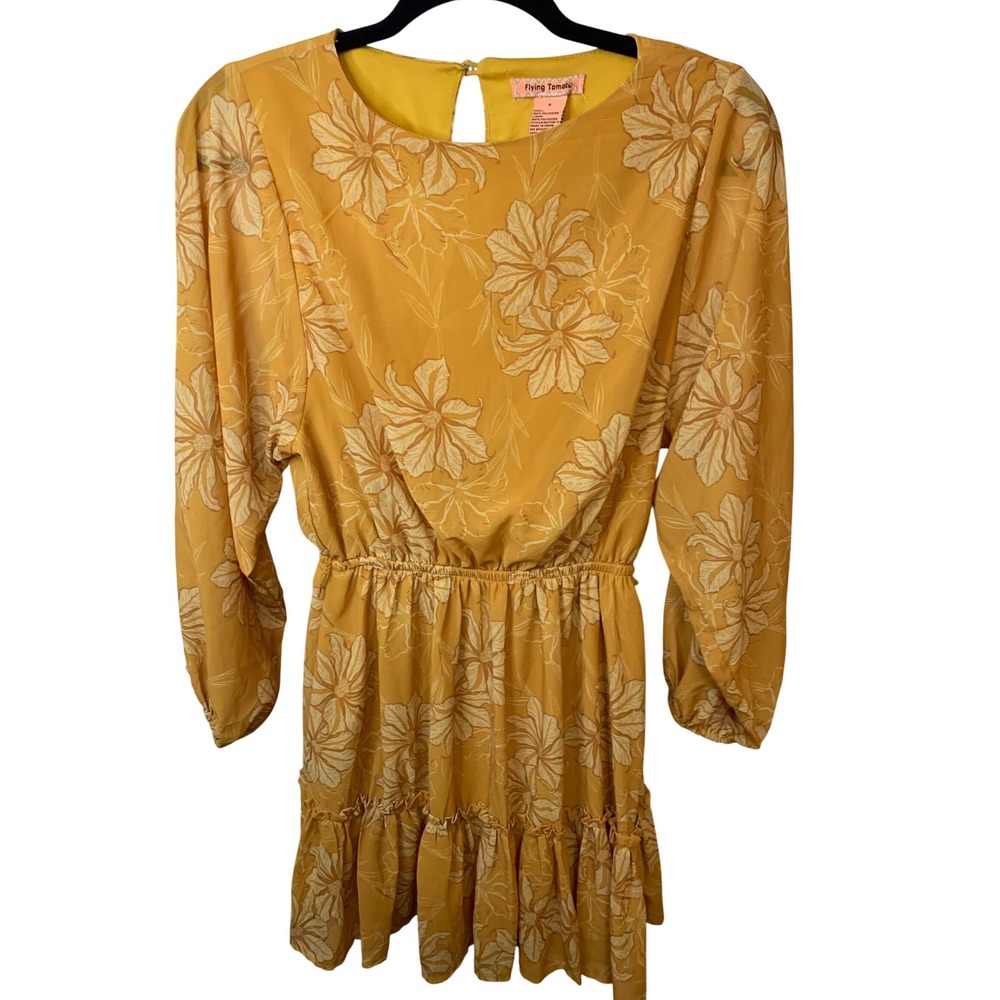 Flying Tomato Floral Whimsical Print Dress Yellow Long Sleeve Ruffle S
